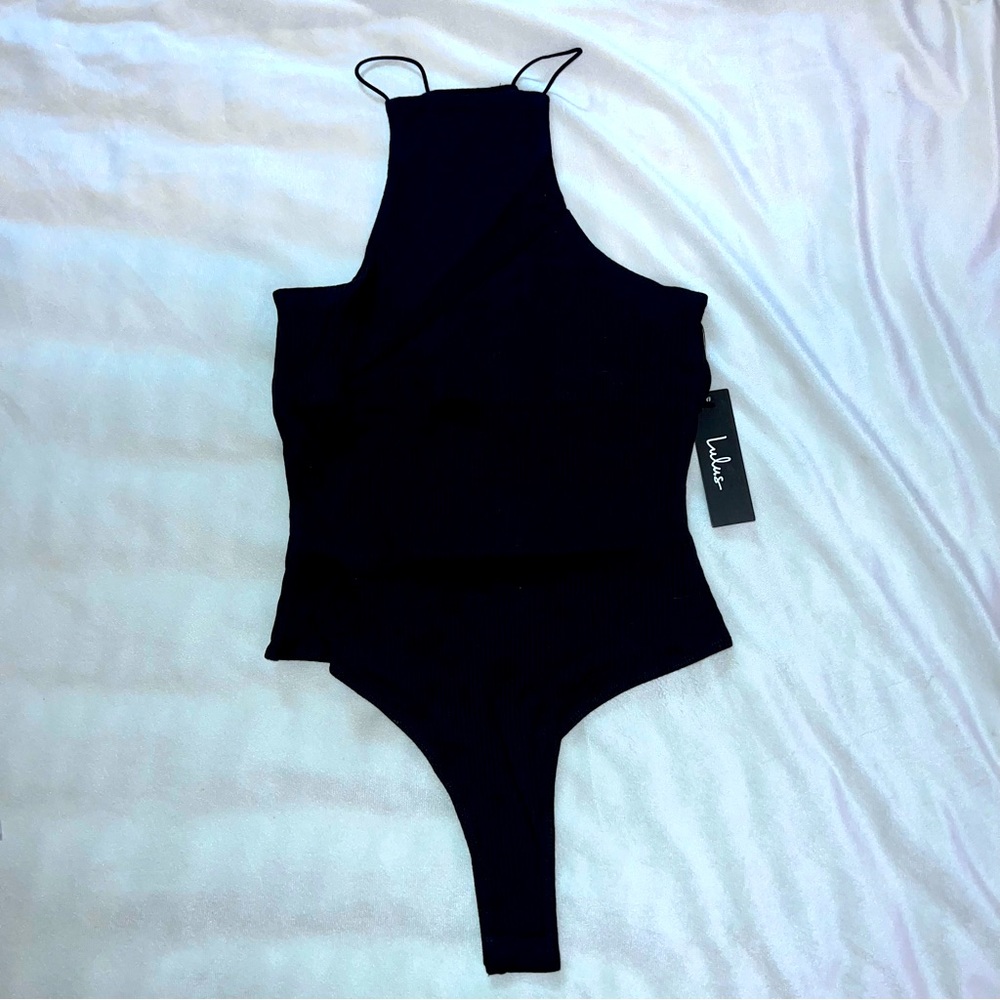 Lulu’s Black Ribbed Sleeveless Racerback Bodysuit